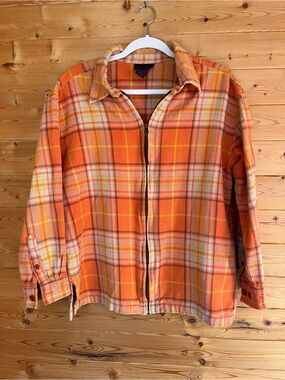 Denim&Co Vinyage Orange Plaid Zip-Front Utility Jacket 100% Cotton Size L